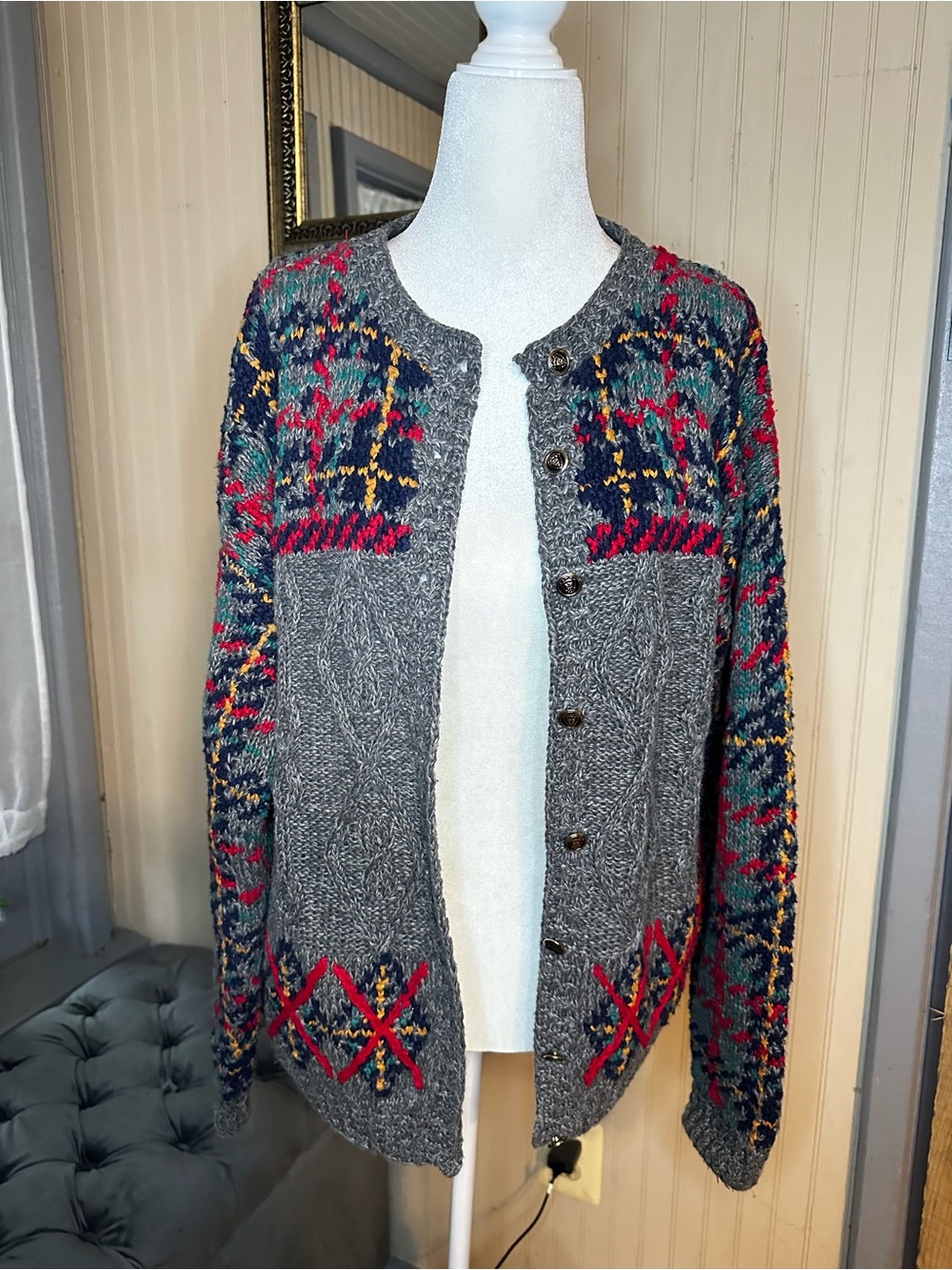 Vintage Northern Isles Hand Knit Cardigan Sweater L Gray Fair Isle Cottagecore